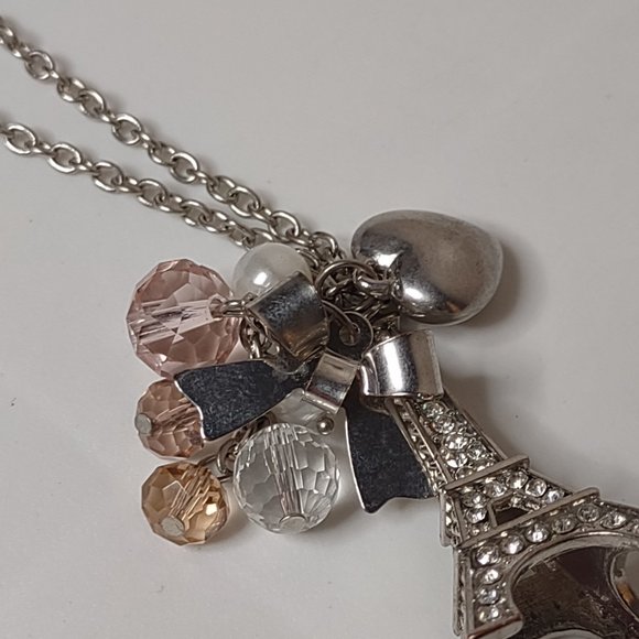 Long 32 Inch Necklace With Eiffel Tower, Plastic Beads, Heart, And Bow - Picture 3 of 10